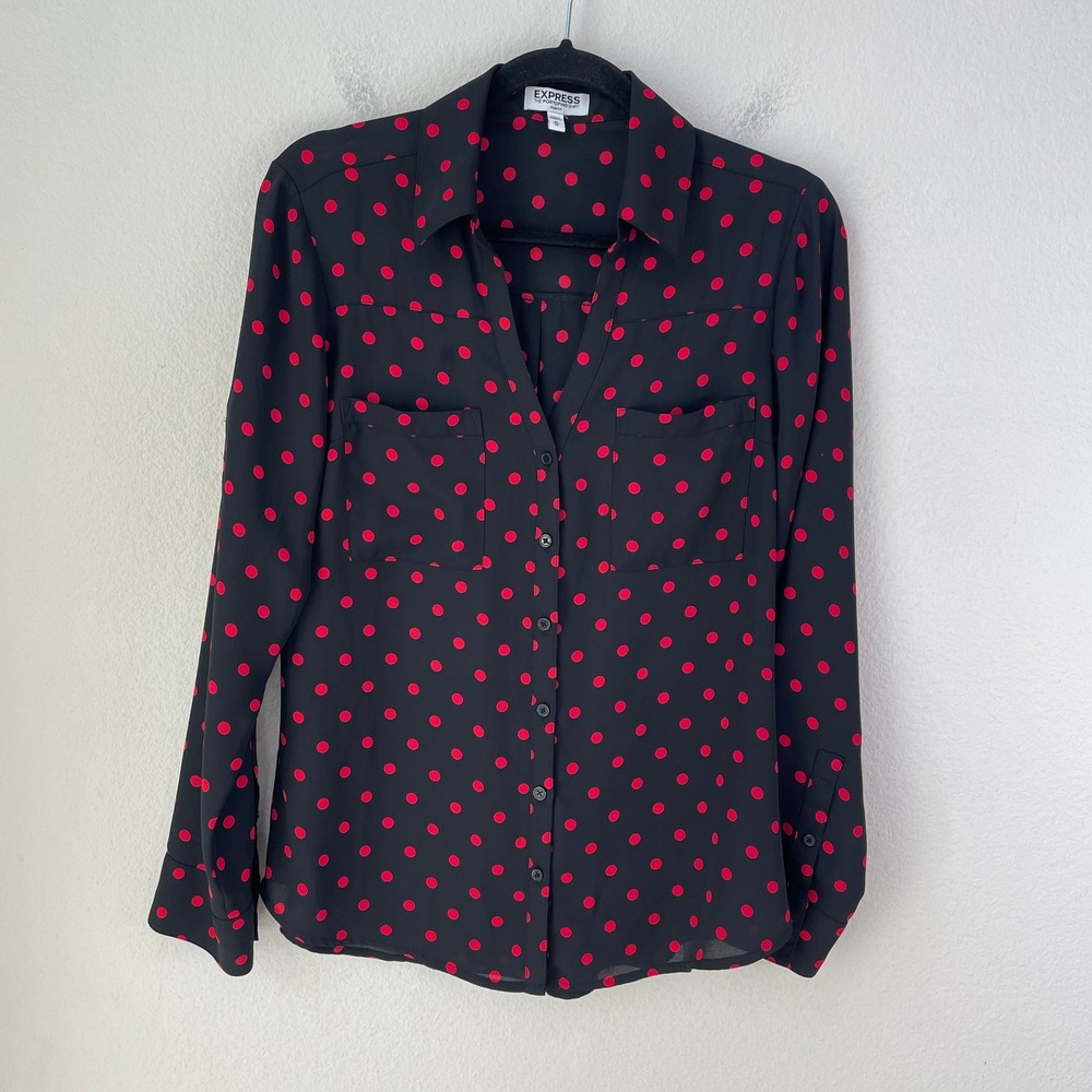 Express Portofino Shirt Womens Medium Slim Black Red Polka Dot Button Up Blouse‎
